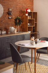 Interior of modern kitchen decorated for Christmas