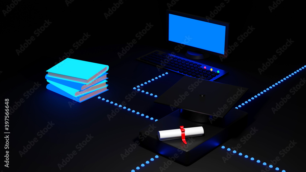 Aufkleber 3d rendering of graduation cap, books and computer set on dark background. realistic 3d shapes. educ