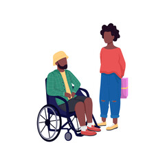 African american couple flat color vector faceless characters. Disabled man in wheelchair. Woman with surprise present. Gift giving isolated cartoon illustration for web graphic design and animation