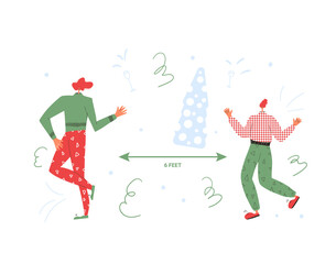 Christmas celebration during pandemic of coronavirus. Two young people dancing with social distancing. Adult friends isolated on white background. Vector flat illustration