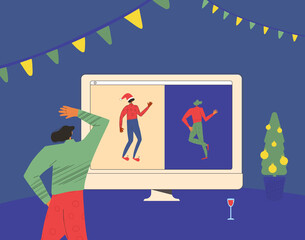 Christmas celebration during pandemic of coronavirus. Two young people dancing with social distancing. Adult friends have fun. Vector illustration.