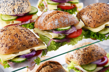 Ham and cheese sandwiches displayed for sale