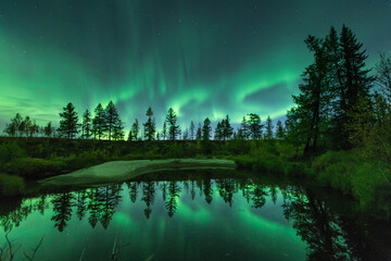 Northern lights reflected in the water