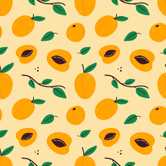 Apricot fruits and leaves vector seamless pattern background.
