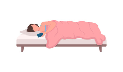 Girl with smartphone in bed flat color vector faceless character. Send message from phone. Woman receive mail. Internet communication isolated cartoon illustration for web graphic design and animation