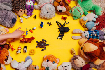 lots of children's soft toy for developing games as a background