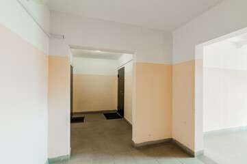 Russia, Moscow- April 17, 2020: interior public place, house entrance. doors, walls, staircase corridors