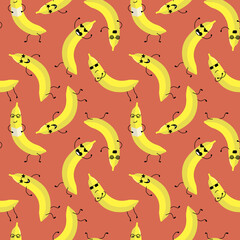 Seamless pattern with kawaii banana. Cartoon cute style. Vector illustration