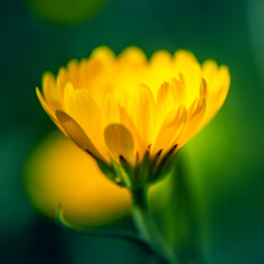 Fototapeta premium A beautiful, golden calendula flowers growing and blooming in the garden. Shallow depth of field photo. Yellow marigold herbal tea ingredient, vegan, organic.
