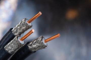 High frequency coaxial cable on metal background wih bokeh
