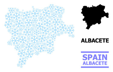 Vector mosaic map of Albacete Province organized for New Year, Christmas celebration, and winter. Mosaic map of Albacete Province is done with light blue snow elements.