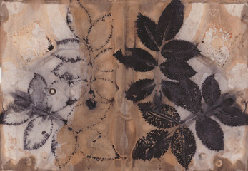 Ecoprinted rose leaves, ecodyed, rustdyed on paper, ecoprinting, botanical printmaking