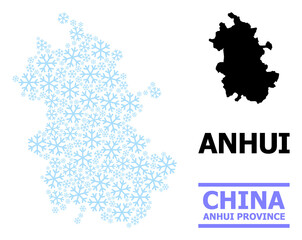 Obraz premium Vector mosaic map of Anhui Province created for New Year, Christmas celebration, and winter. Mosaic map of Anhui Province is composed of light blue snow elements.