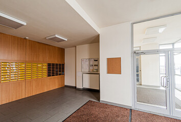 Russia, Moscow- April 17, 2020: interior public place, house entrance. doors, walls, staircase corridors