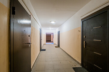 Russia, Moscow- April 17, 2020: interior public place, house entrance. doors, walls, staircase corridors