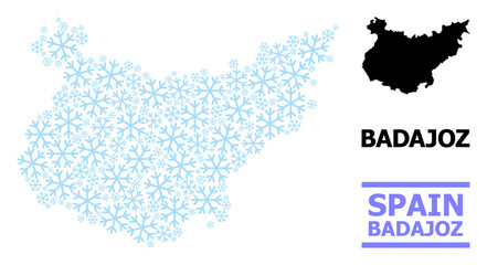 Obraz premium Vector composition map of Badajoz Province designed for New Year, Christmas celebration, and winter. Mosaic map of Badajoz Province is created of light blue snow items.