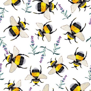Watercolor seamless pattern of bee, lavender flower.