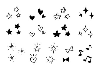 Naklejka premium おしゃれでシンプルな手書き風素材のセット 音符 星 ハート リボン