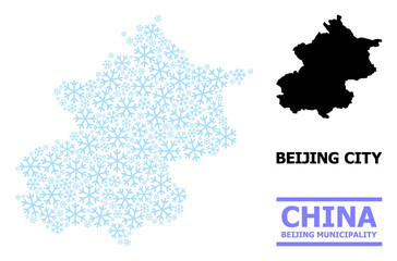 Vector composition map of Beijing Municipality created for New Year, Christmas celebration, and winter. Mosaic map of Beijing Municipality is constructed of light blue snow items.