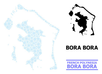 Vector mosaic map of Bora-Bora designed for New Year, Christmas celebration, and winter. Mosaic map of Bora-Bora is composed from light blue snow items. - obrazy, fototapety, plakaty
