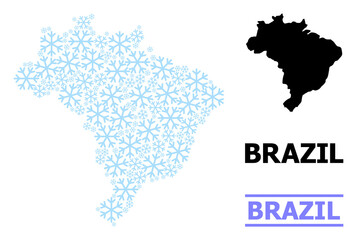 Vector mosaic map of Brazil designed for New Year, Christmas celebration, and winter. Mosaic map of Brazil is shaped of light blue snowflakes. Design elements for patriotic and New Year applications.