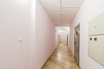 Russia, Moscow- April 17, 2020: interior public place, house entrance. doors, walls, staircase corridors