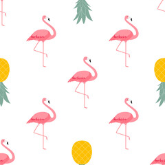 Colorful Pink Flamingo and Pineapple Seamless Pattern Background. Vector Illustration. EPS10