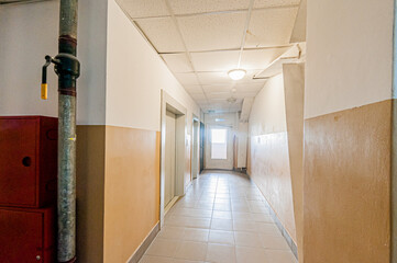 Russia, Moscow- April 17, 2020: interior public place, house entrance. doors, walls, staircase corridors