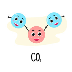 Structure of carbon dioxide molecule. Cartoon character. Study of chemistry. Vector illustration.
