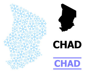 Vector composition map of Chad created for New Year, Christmas celebration, and winter. Mosaic map of Chad is made with light blue snow items. Design template for political and New Year illustrations.