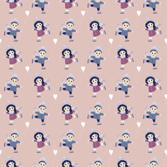 Kids winter. Seamless patterns. Boy and girl ice skating on a light pink background. Winter sports. Vector illustration. For design, textiles, packaging, wallpaper and printing