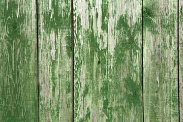 Fototapeta na wymiar Green wooden fence background rustic texture of damage wall. Vintage abstract field of erased paint. Cracks from plaster. Old dark side of antique house. Image with copy space.