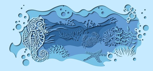 template for making a lamp or postcard. vector image for laser cutting and plotter printing. fauna with marine animals.