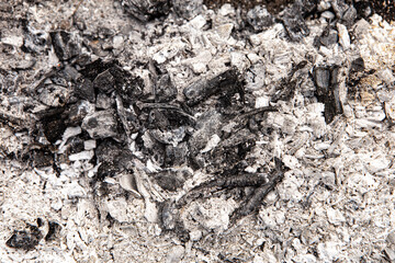 Gray natural black ash pile grunge abstract texture background. Charcoal after burning on a...