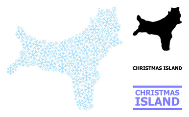Vector mosaic map of Christmas Island created for New Year, Christmas celebration, and winter. Mosaic map of Christmas Island is created with light blue snow items.