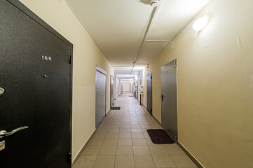 Russia, Moscow- April 17, 2020: interior public place, house entrance. doors, walls, staircase corridors