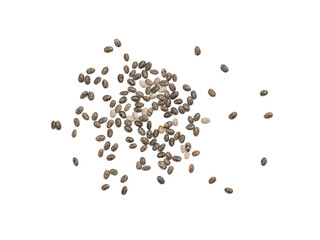 Spread out chia seeds seen directly from above and isolated on white background with shadows