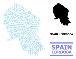 Vector mosaic map of Cordoba Spanish Province constructed for New Year, Christmas celebration, and winter. Mosaic map of Cordoba Spanish Province is designed with light blue snow icons.