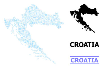Vector mosaic map of Croatia created for New Year, Christmas celebration, and winter. Mosaic map of Croatia is done of light blue snow elements. Design elements for patriotic and New Year projects.