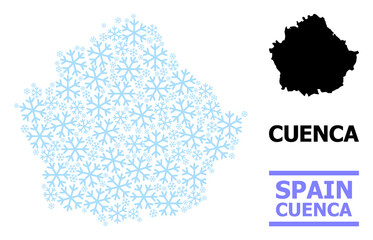 Fototapeta premium Vector mosaic map of Cuenca Province done for New Year, Christmas celebration, and winter. Mosaic map of Cuenca Province is done with light blue snowflakes.