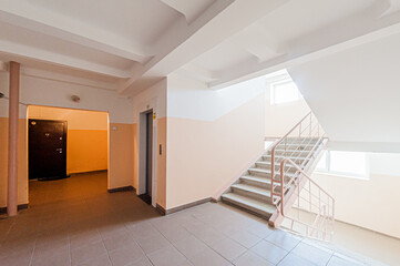 Russia, Moscow- April 17, 2020: interior public place, house entrance. doors, walls, staircase corridors