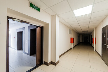 Russia, Moscow- April 17, 2020: interior public place, house entrance. doors, walls, staircase corridors