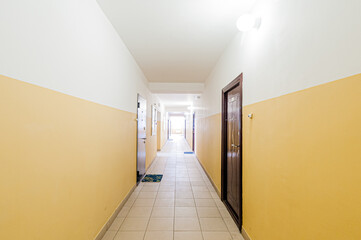 Russia, Moscow- April 17, 2020: interior public place, house entrance. doors, walls, staircase corridors