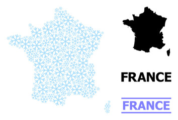 Fototapeta premium Vector mosaic map of France constructed for New Year, Christmas celebration, and winter. Mosaic map of France is constructed from light blue ice crystals.