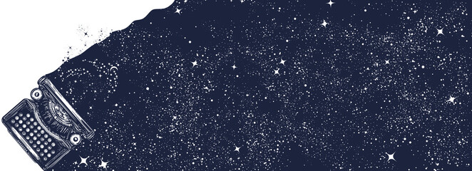 Magic typewriter and night sky. Symbol of imagination, universe, fantasy, creativity. Black and white surreal graphic