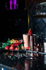 refreshing delicious cocktail with fresh fruit pieces