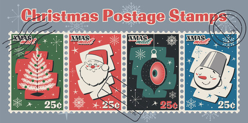 Christmas Postage Stamps, Winter Season's Postal Set, Snowman, Santa Claus, Christmas Tree and Decorations 