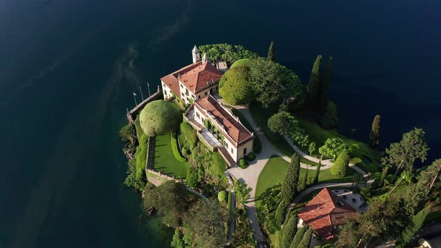 Aerial 4K - Villa del Balbianello, Town of Lenno, Lake Como, Italy