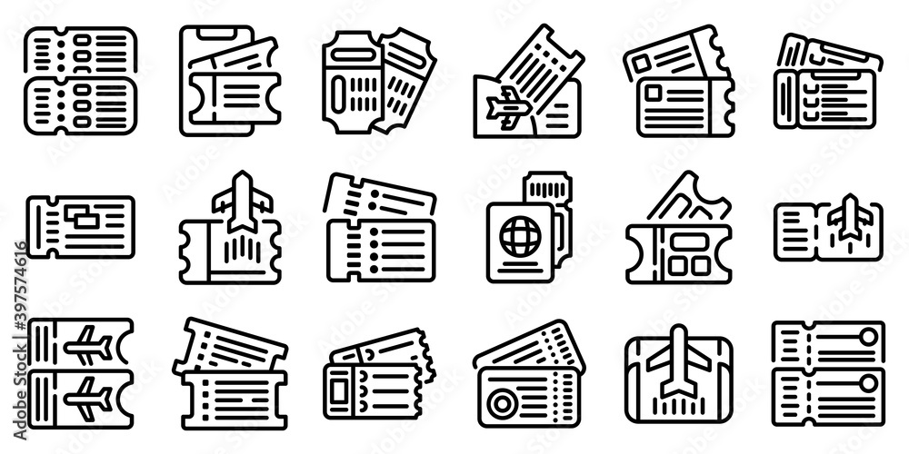 Poster airline tickets icons set. outline set of airline tickets vector icons for web design isolated on wh