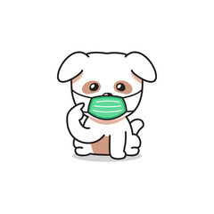 Cartoon character cute white dog wearing protective face mask for design.